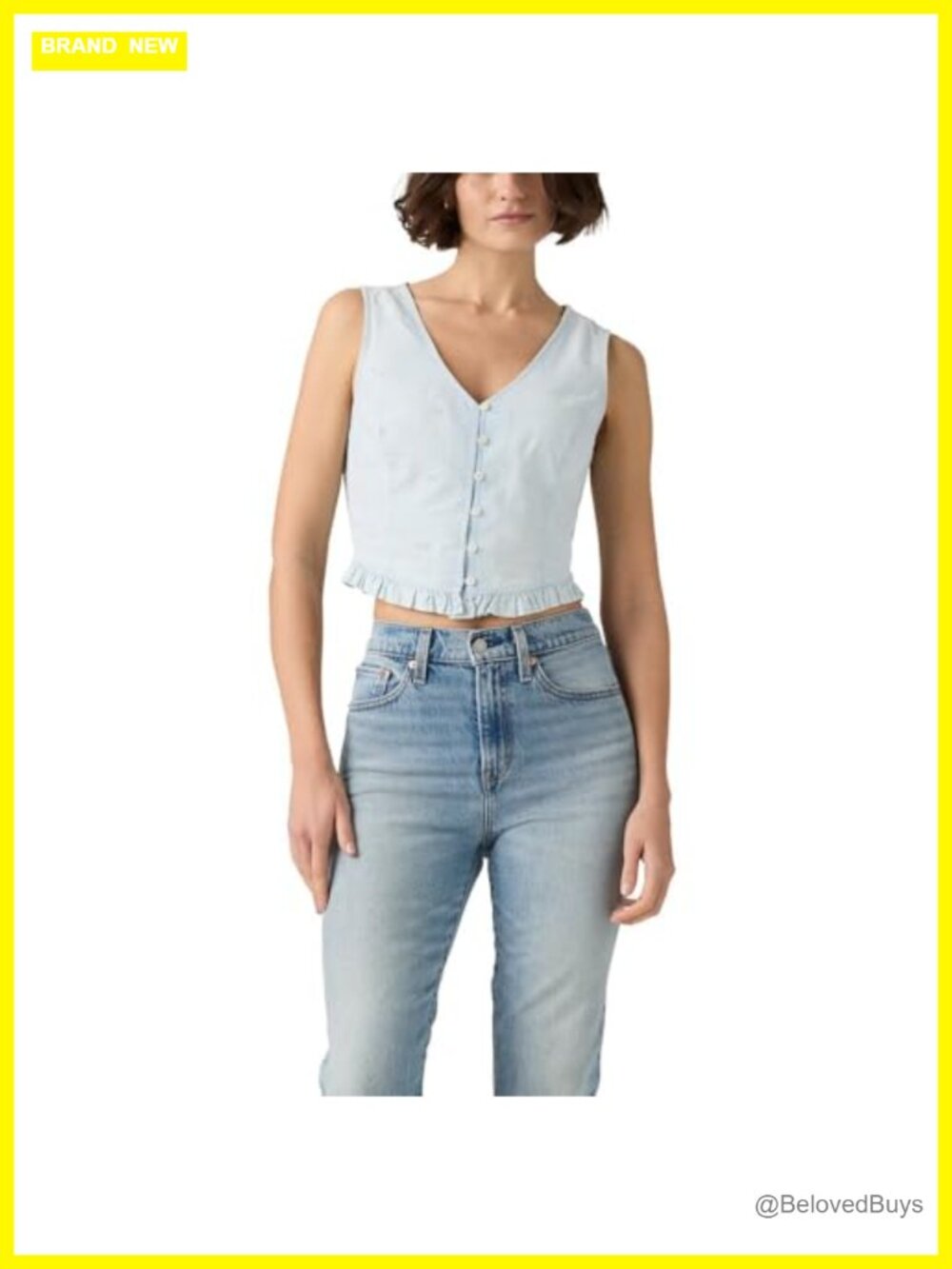 Sleeveless Button-Up Blouse with Ruffle Hem Slim Fit V-Neck